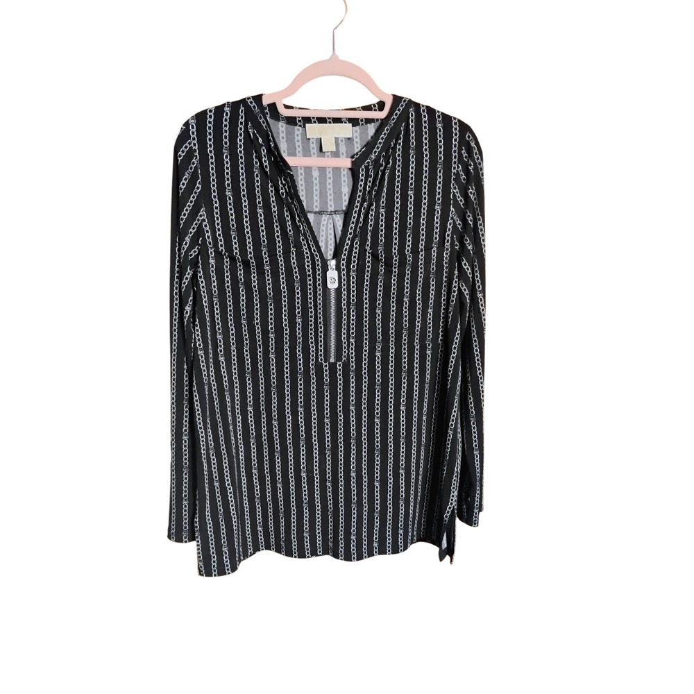 Michael Kors Chain Print Zip Neck‎ Blouse Black Silver Womens Medium